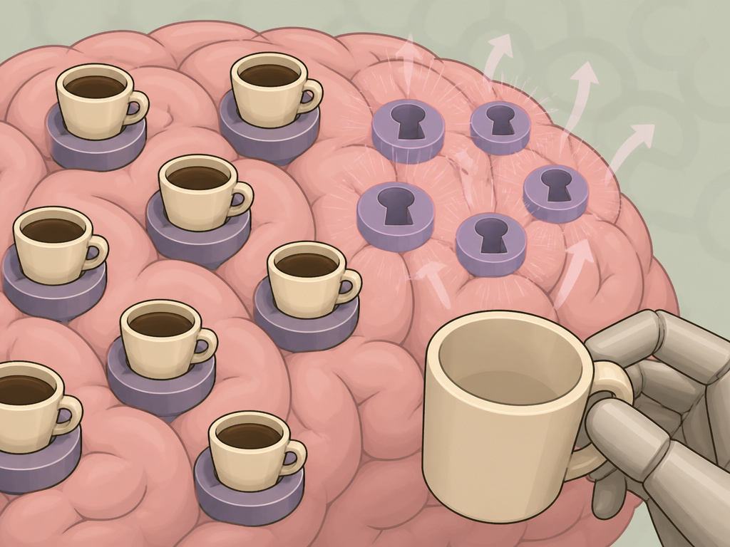 Cartoon brain diagram showing caffeine blocking adenosine receptors and creating more
