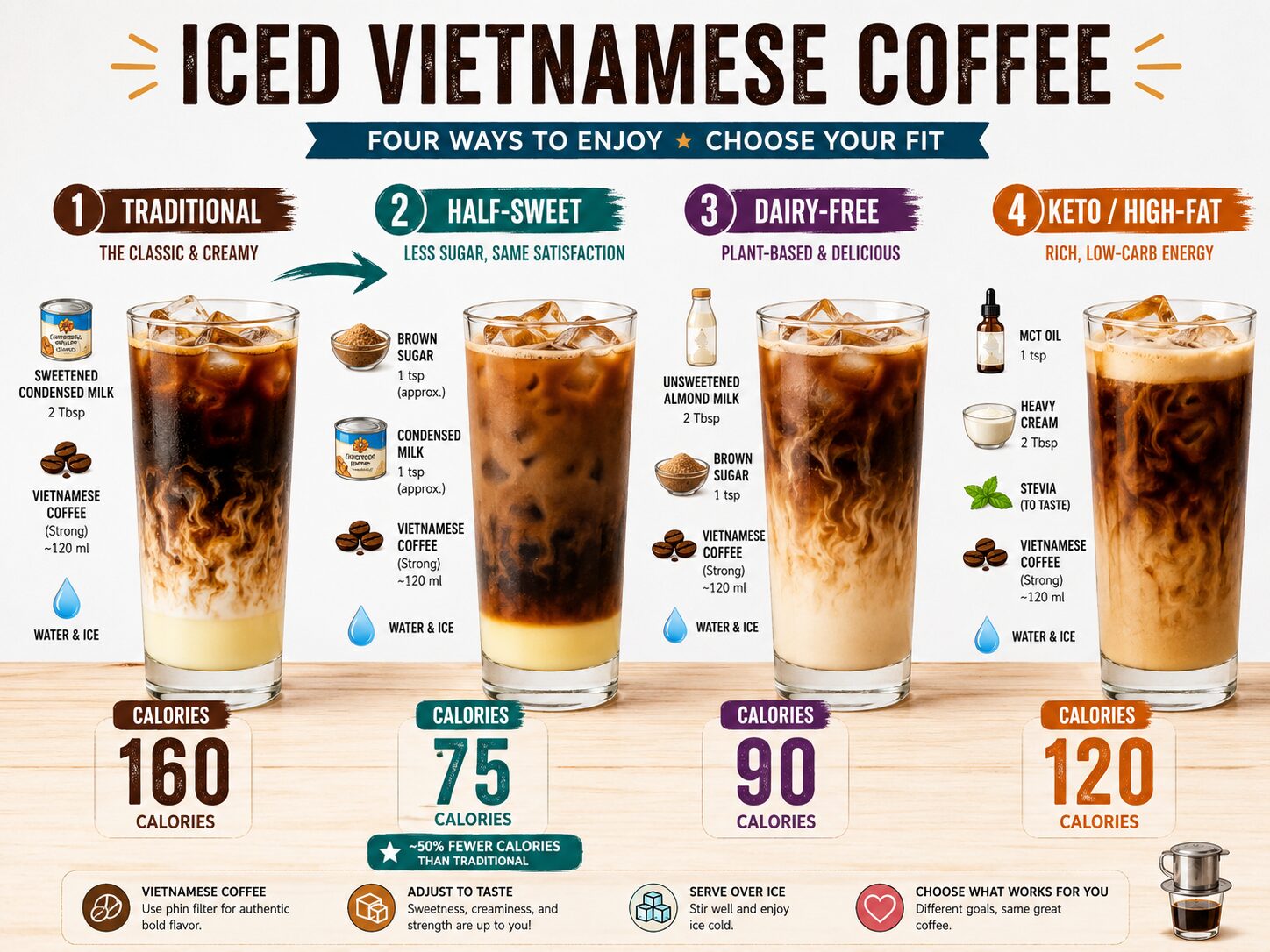 Infographic comparing calories in traditional versus lower-calorie iced Vietnamese coffee recipes.