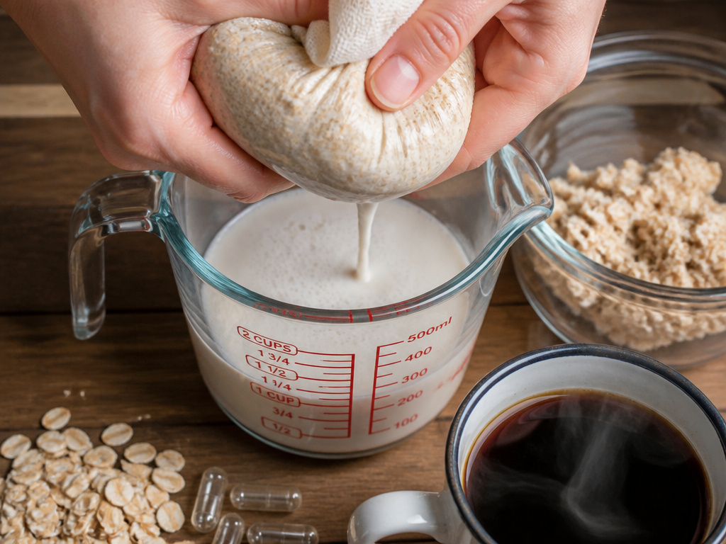 Close-up of straining homemade oat milk for coffee, with enzyme capsules nearby.