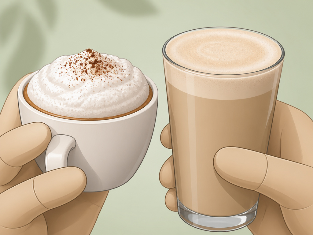 Cappuccino vs latte foam texture comparison in cartoon illustration.