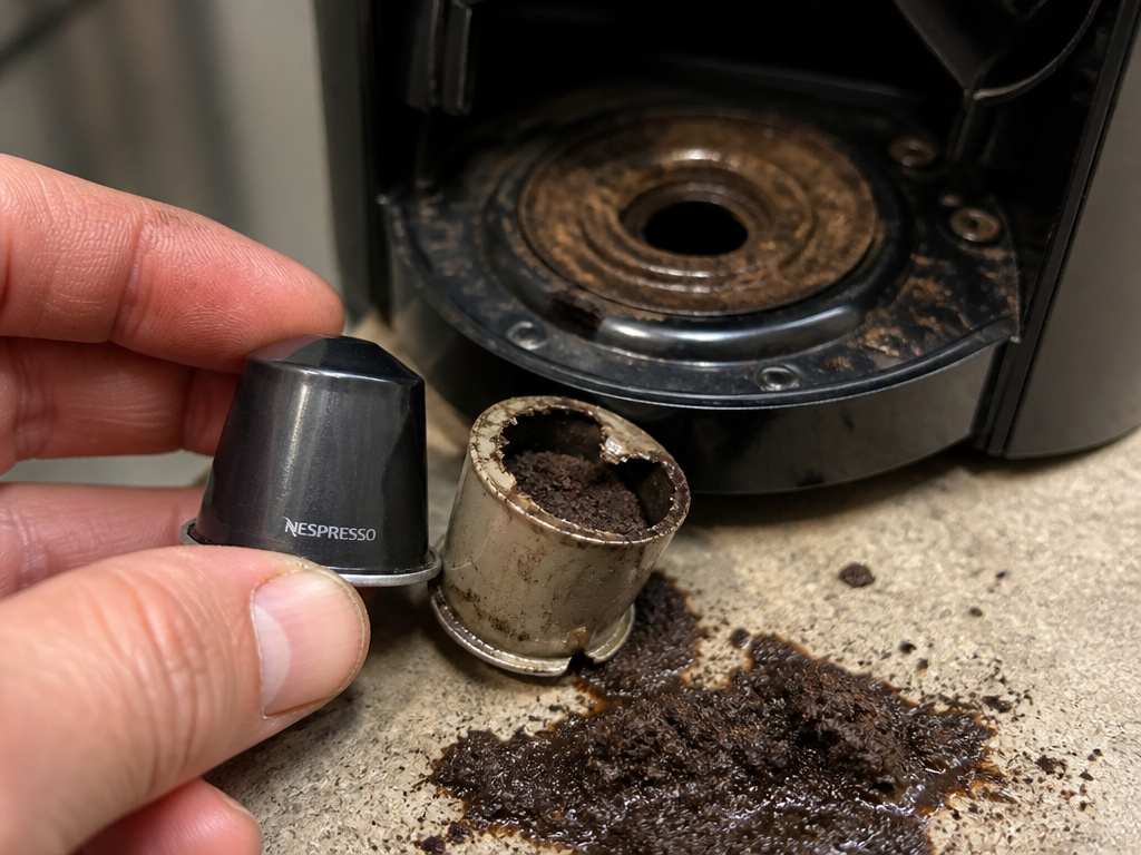 Comparison of intact Nespresso capsule and ruptured third-party coffee pod