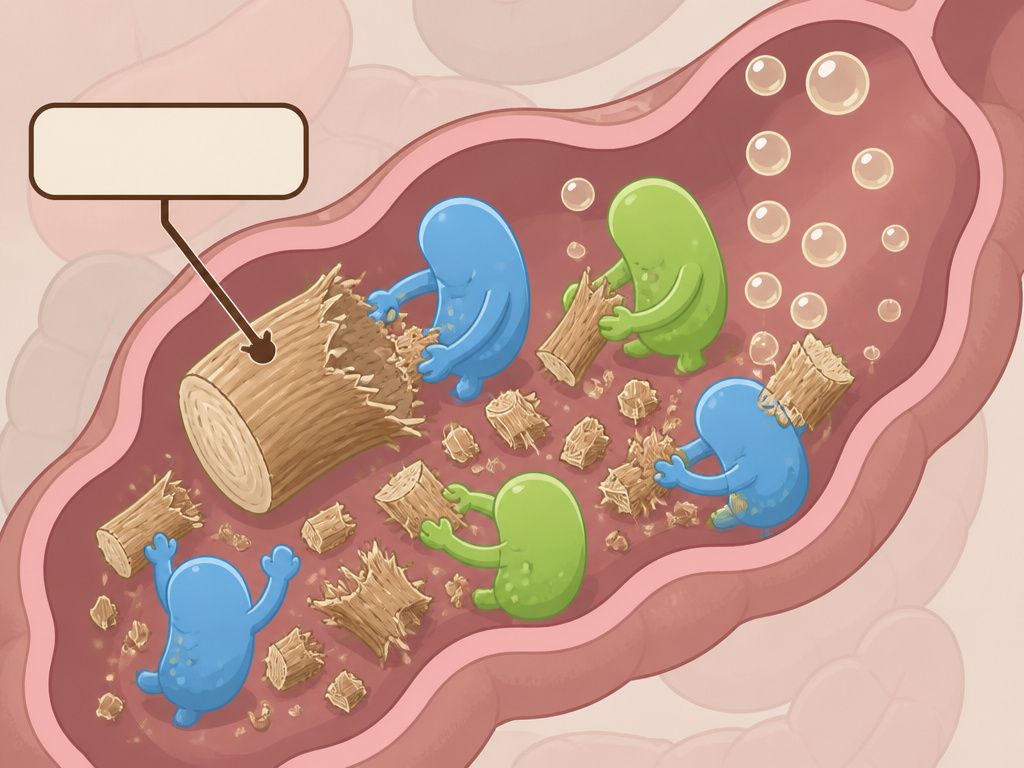 Diagram of inulin from chicory root fermenting with gut bacteria in the colon.