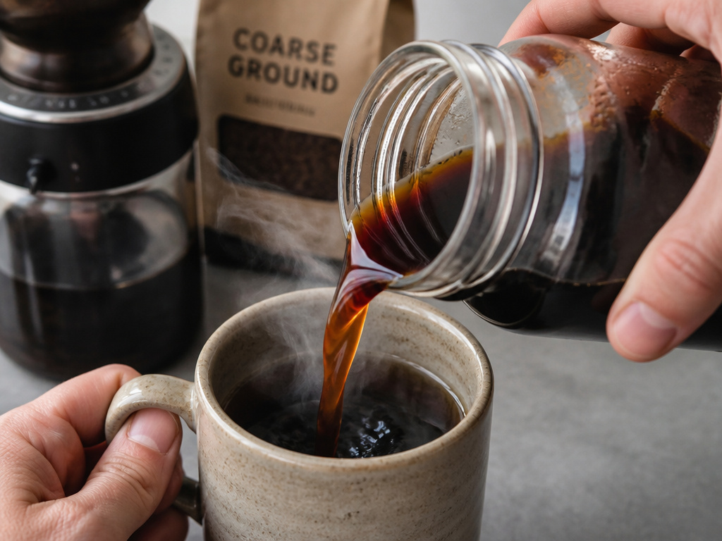 Pouring cold brew coffee concentrate into hot water to warm it.
