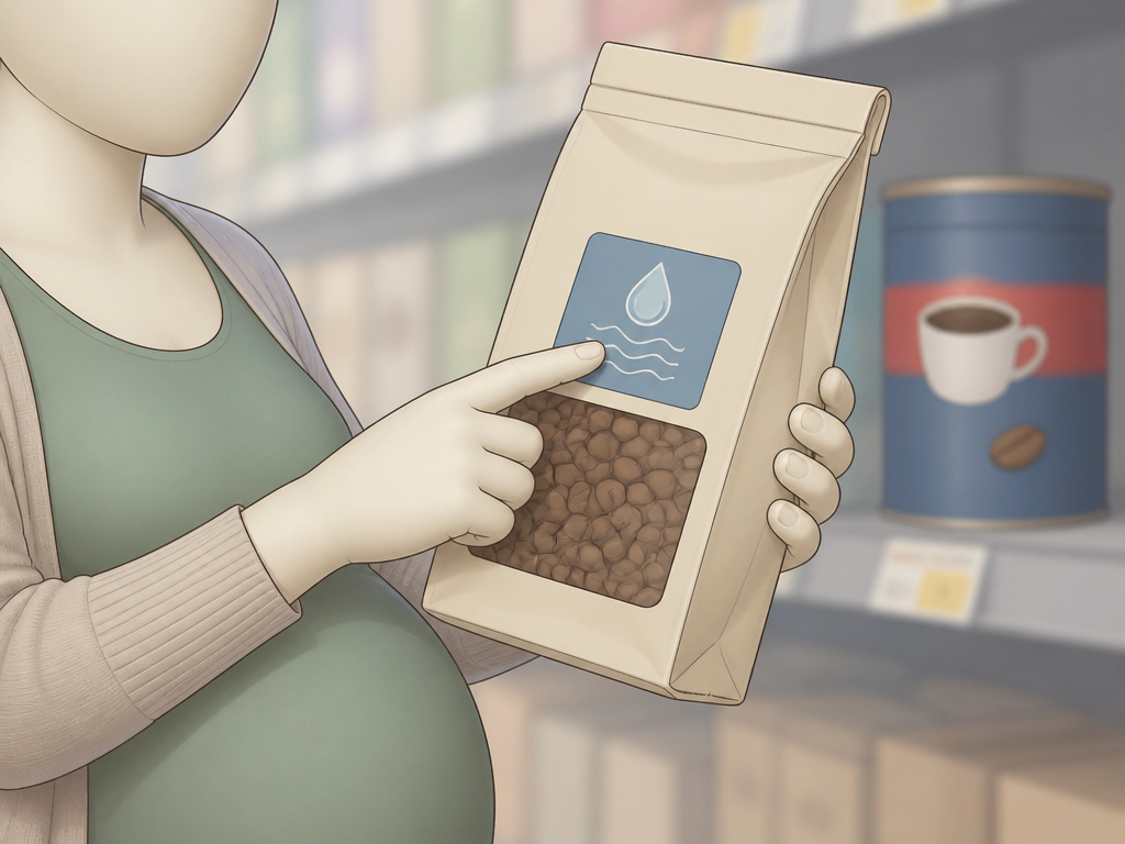 Pregnant woman checking decaf coffee label for Swiss Water Process method.