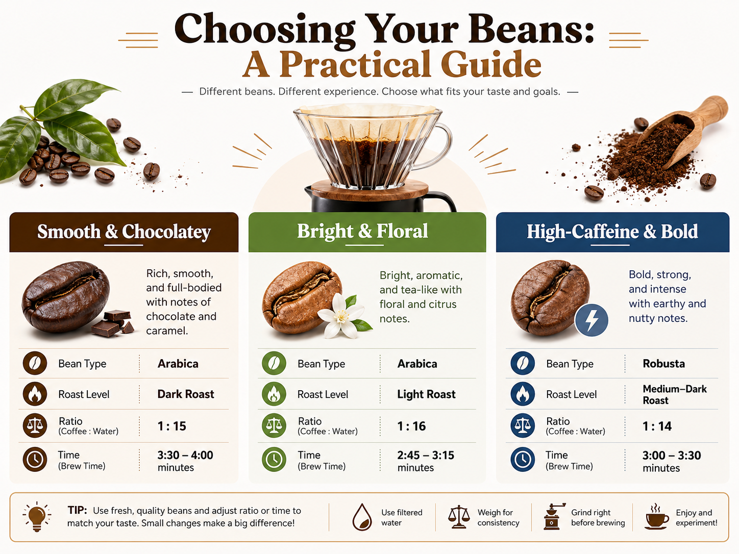 Infographic guide for choosing coffee beans for different cold brew styles.