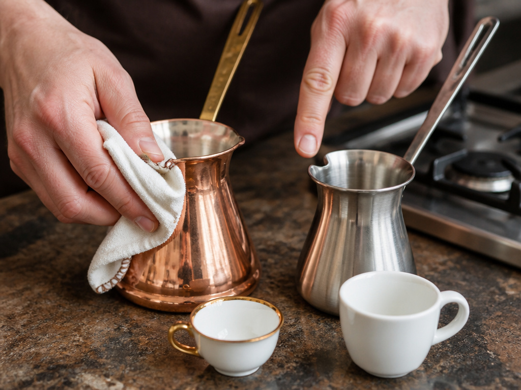 Copper versus stainless steel briki comparison for making Greek coffee.