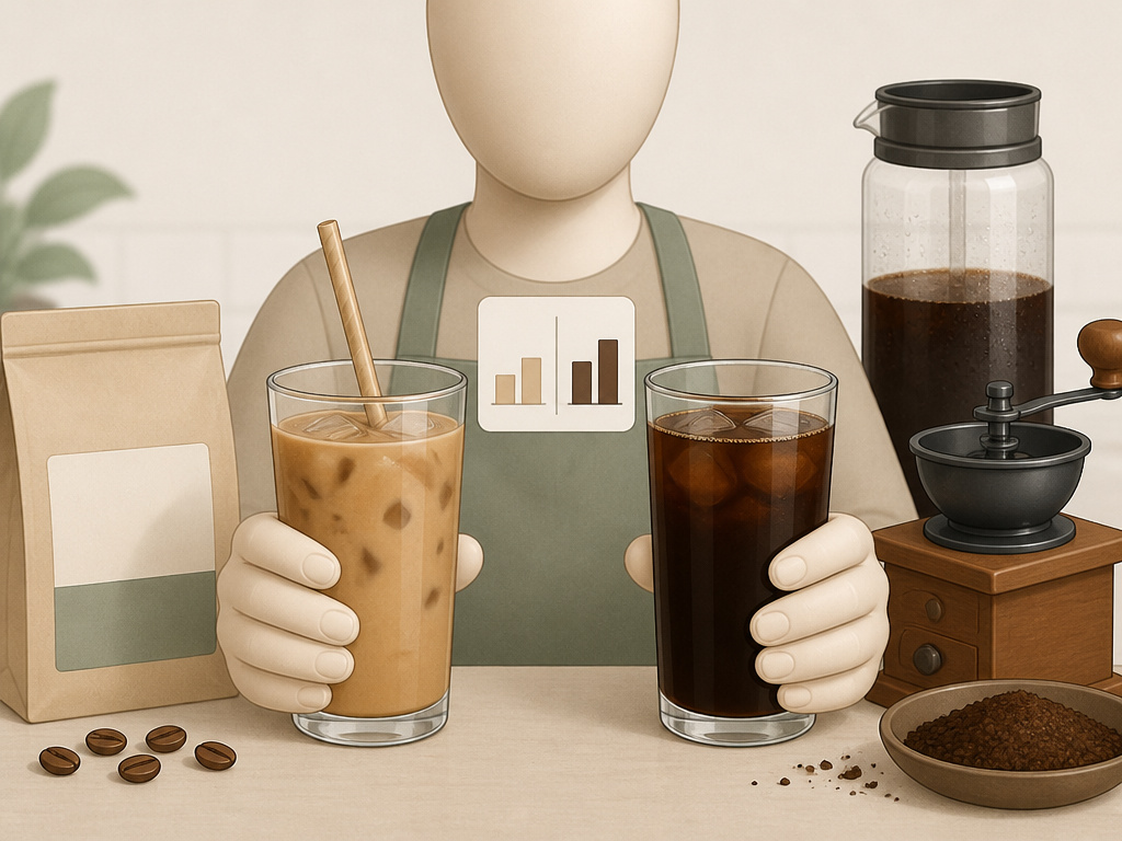 Side-by-side comparison of iced coffee and cold brew preparation tools and results.