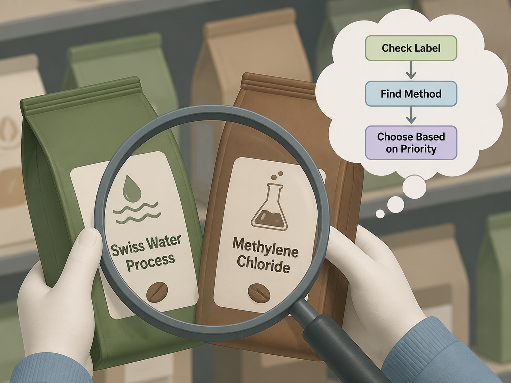 Cartoon guide comparing Swiss Water and methylene chloride decaf coffee bags