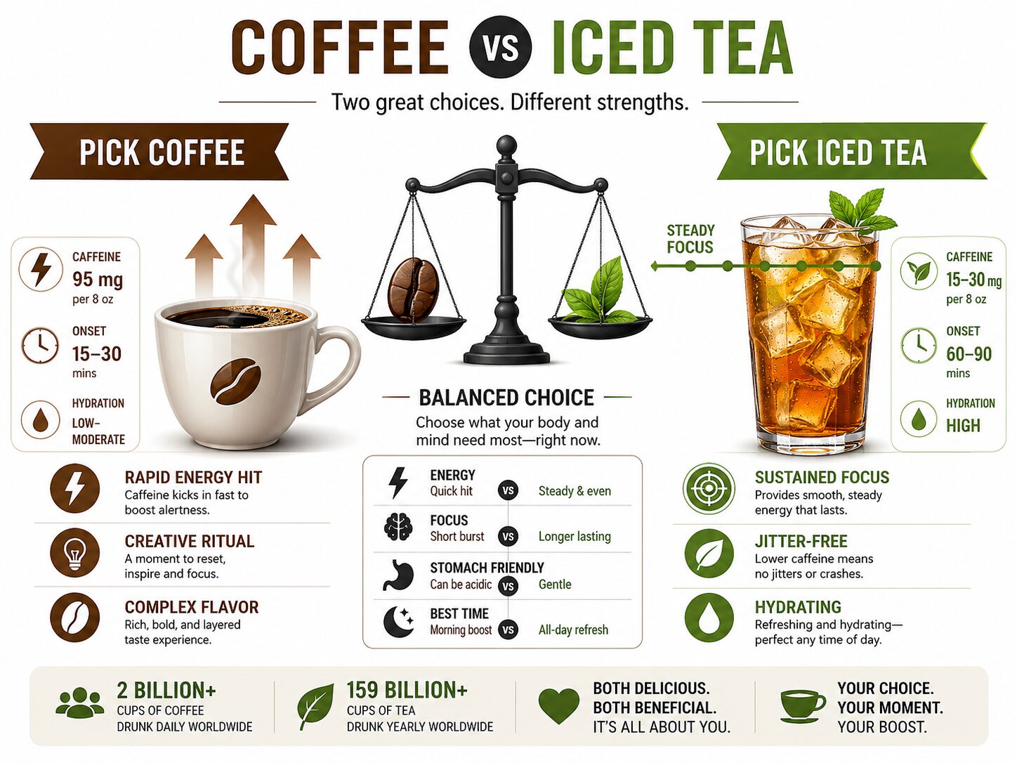 Infographic comparing caffeine context: when to choose iced tea versus coffee.