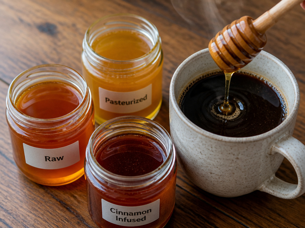Three types of honey for coffee: raw, pasteurized, and flavored.