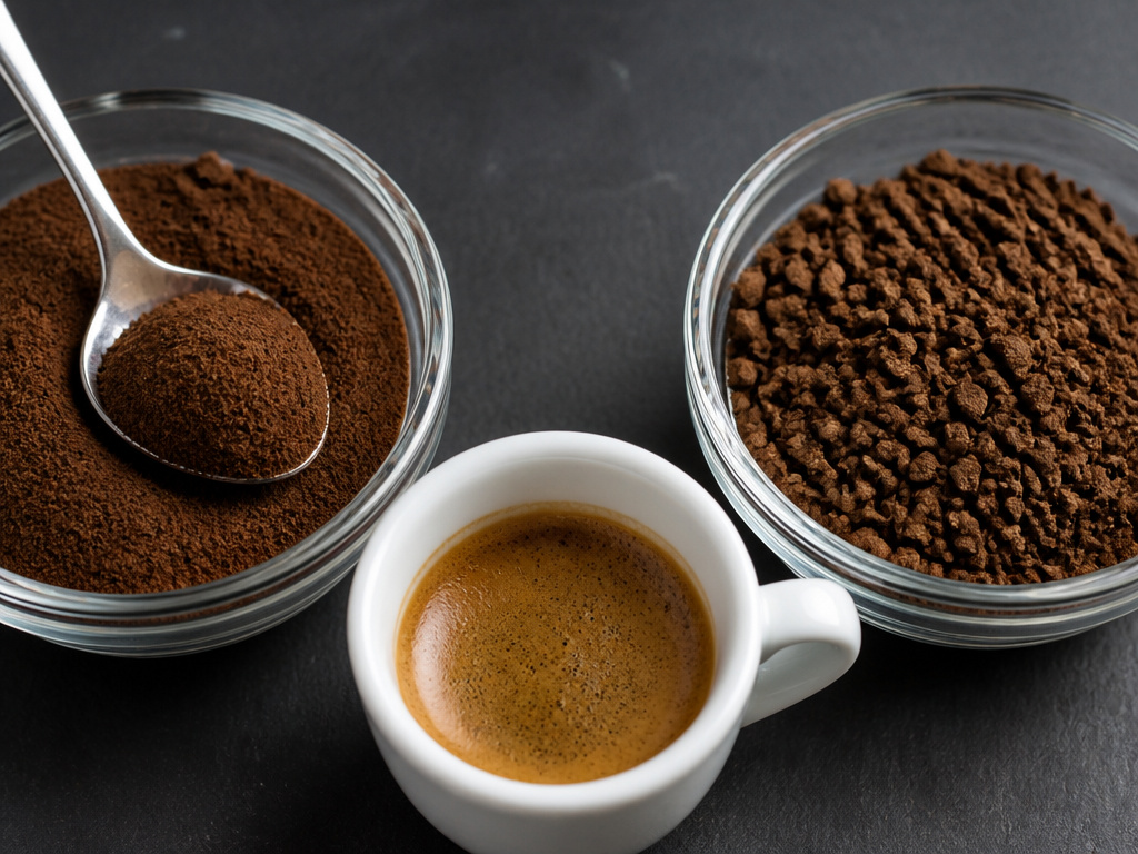 Close-up comparison of instant espresso powder versus dark roast coffee granules.