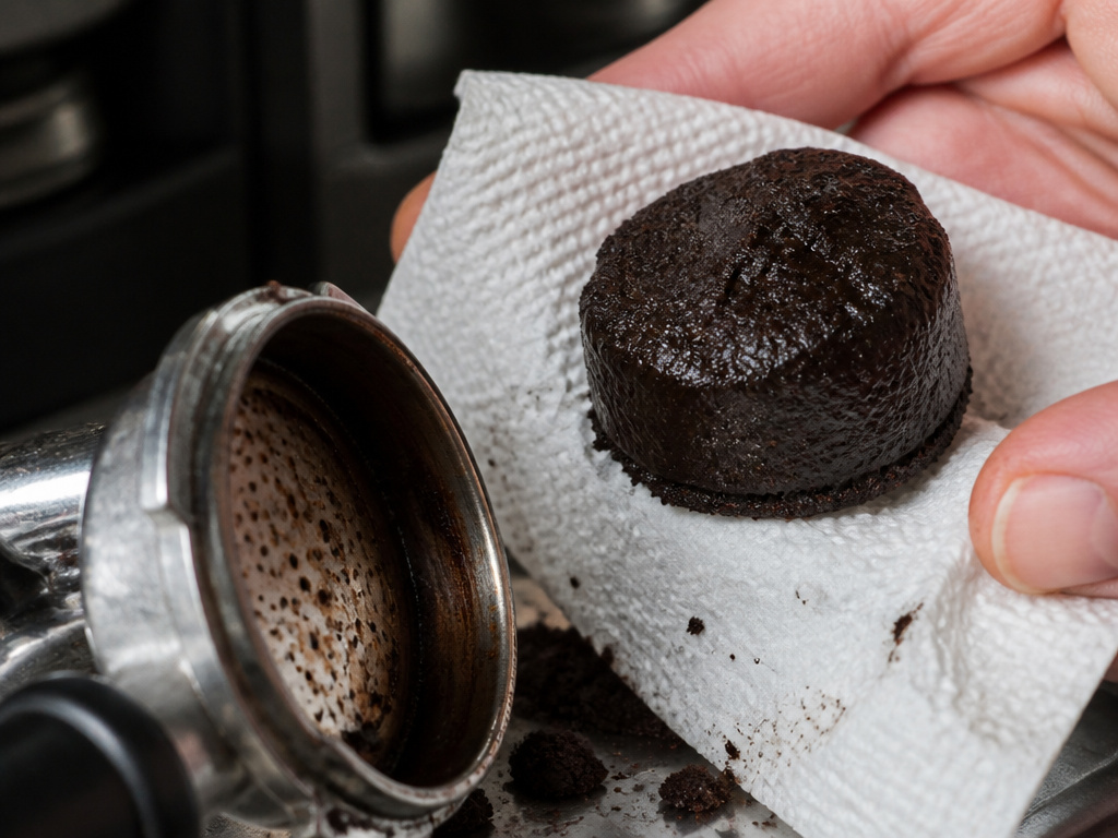 Close-up of a wet espresso puck on a towel next to a portafilter.