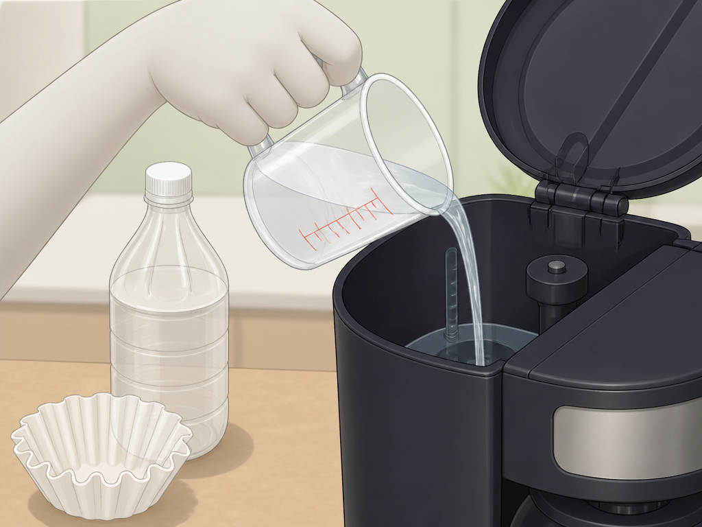 Descaling a Mr Coffee machine with white vinegar, close-up instructional illustration.