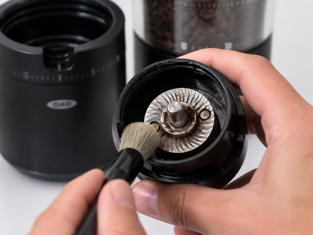 Cleaning OXO coffee grinder burrs with a brush, following manual instructions.