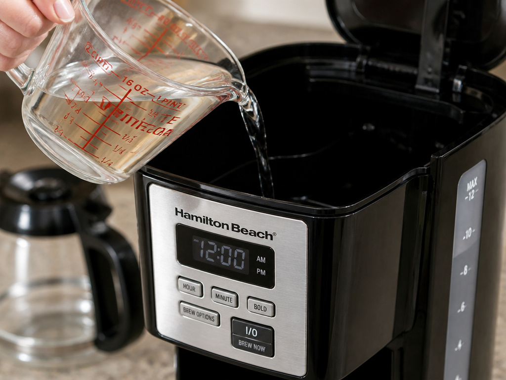Descaling a Hamilton Beach coffee maker with a vinegar and water solution.