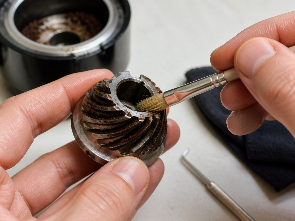 Cleaning the burrs of a Krups coffee grinder with a dry brush.