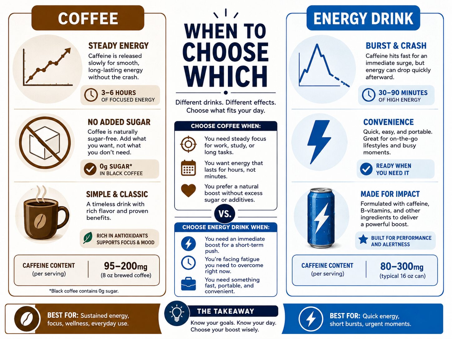 Infographic comparing coffee for steady energy versus energy drinks for a quick burst.