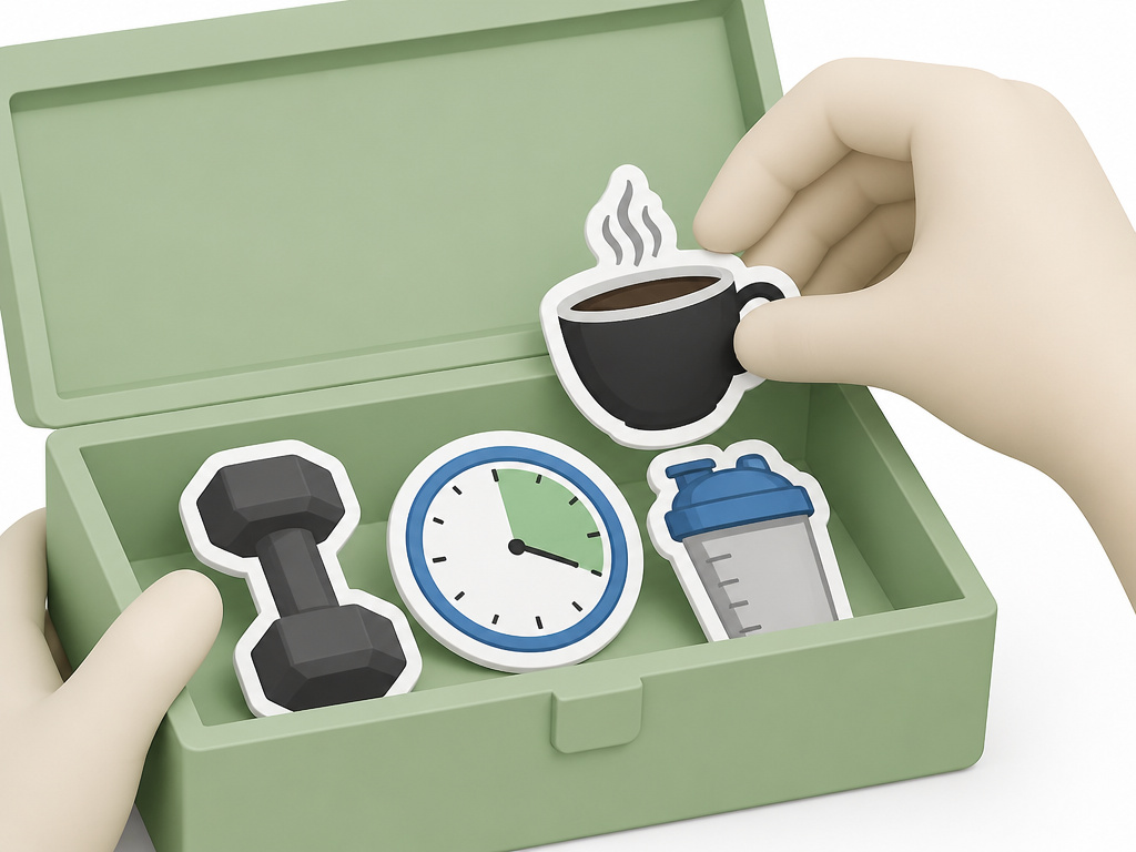 Black coffee cup icon placed into a toolbox with other weight loss aids like a dumbbell and protein shaker.