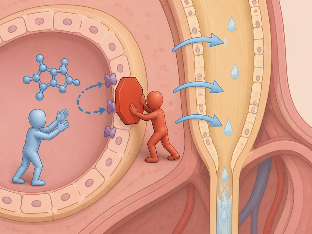 Diagram of caffeine blocking ADH hormone to cause diuresis and dilute urine.