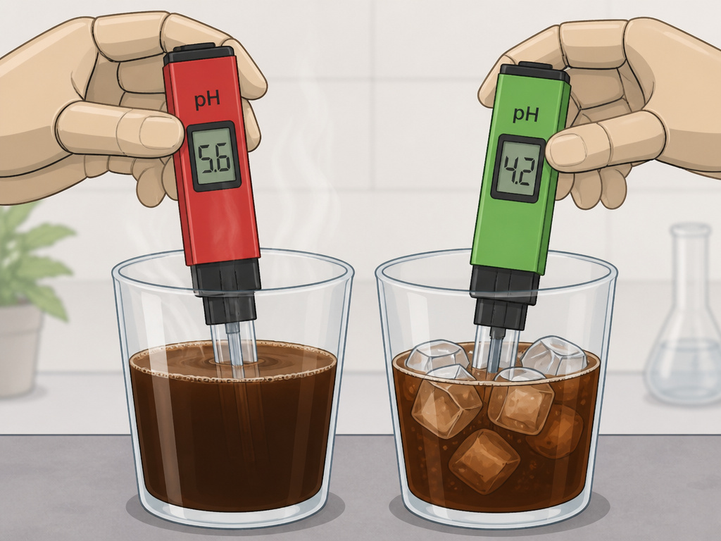 Side-by-side cartoon comparison of cold brew and hot brew coffee acidity levels.