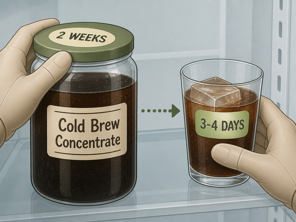 Cartoon diagram comparing cold brew and iced coffee shelf life in a refrigerator.