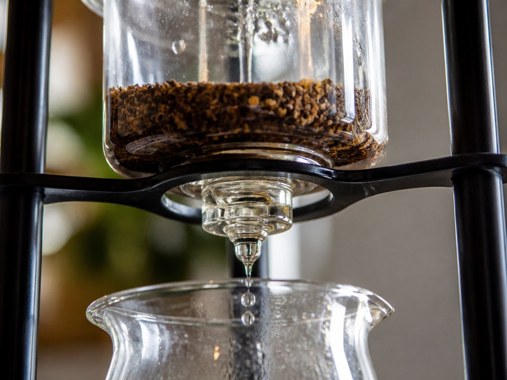 Close-up of a cold drip coffee maker in action, producing a concentrate.