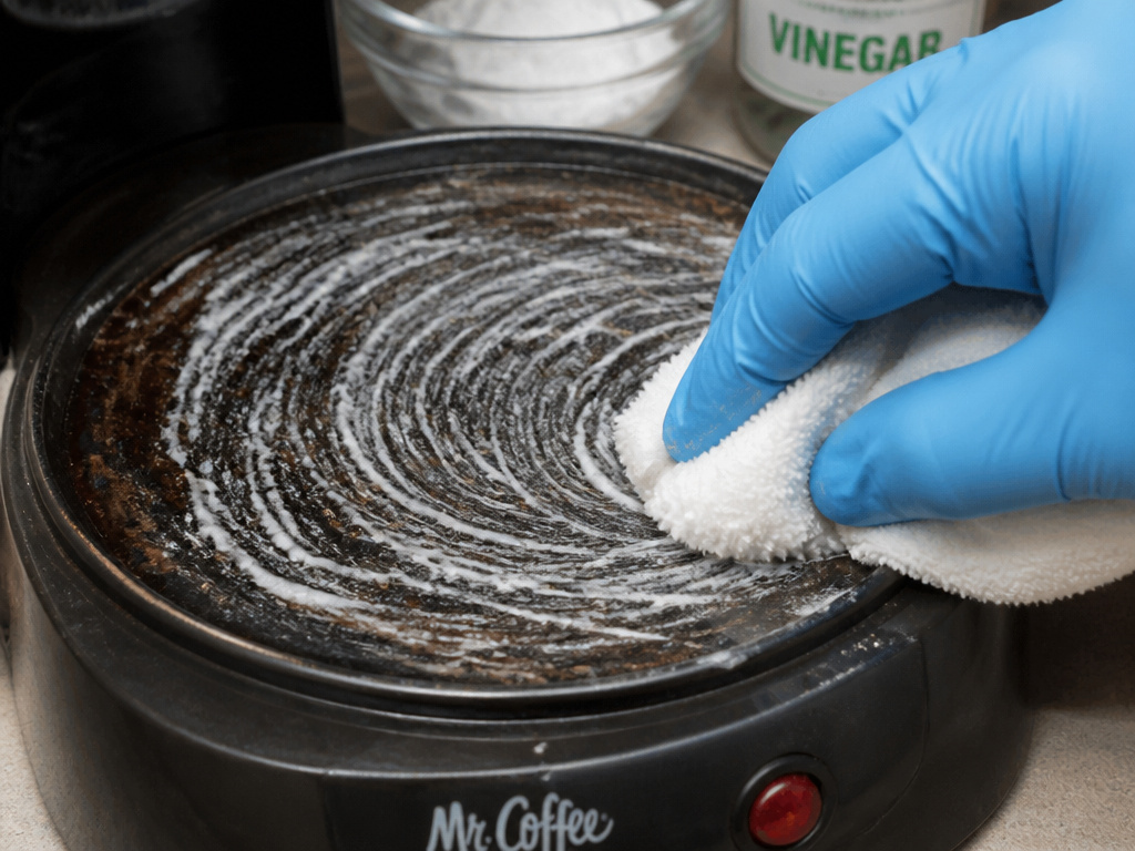Cleaning a stained Mr. Coffee warming plate with baking soda paste.