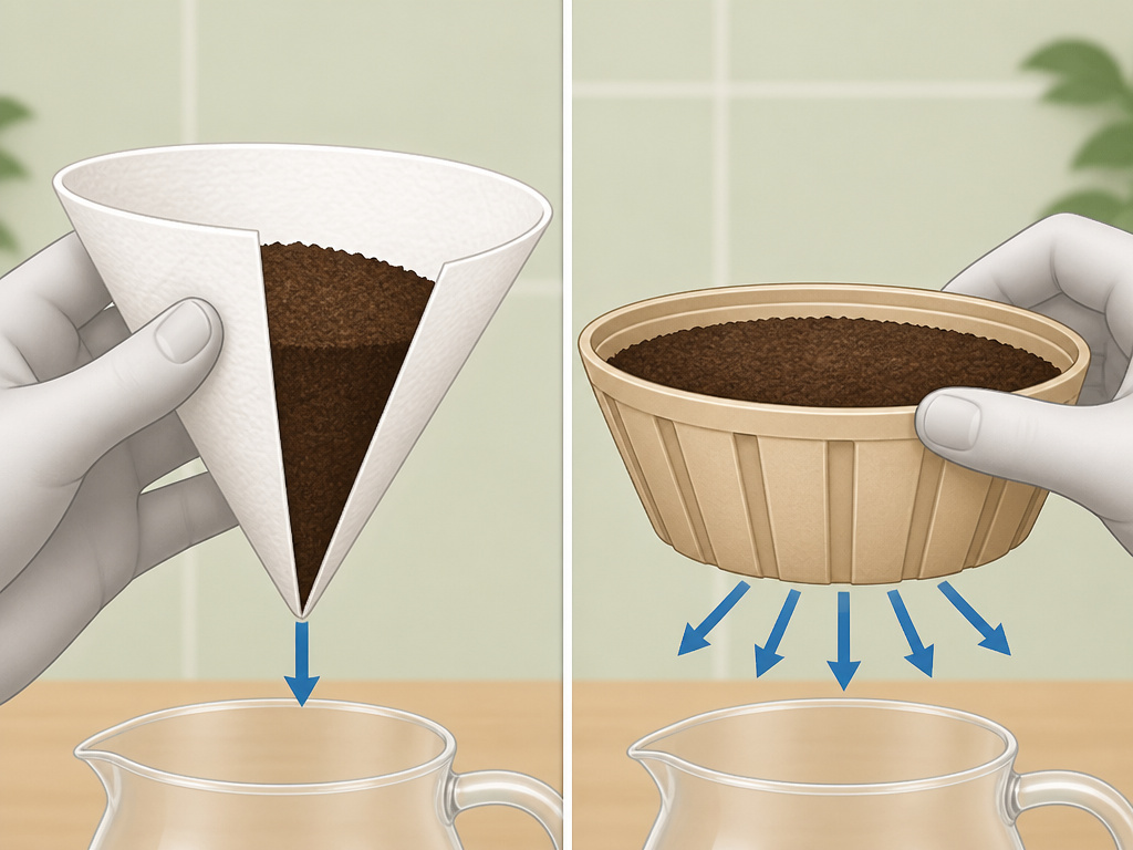Diagram comparing cone filter and flat-bottom coffee filter designs and water flow.