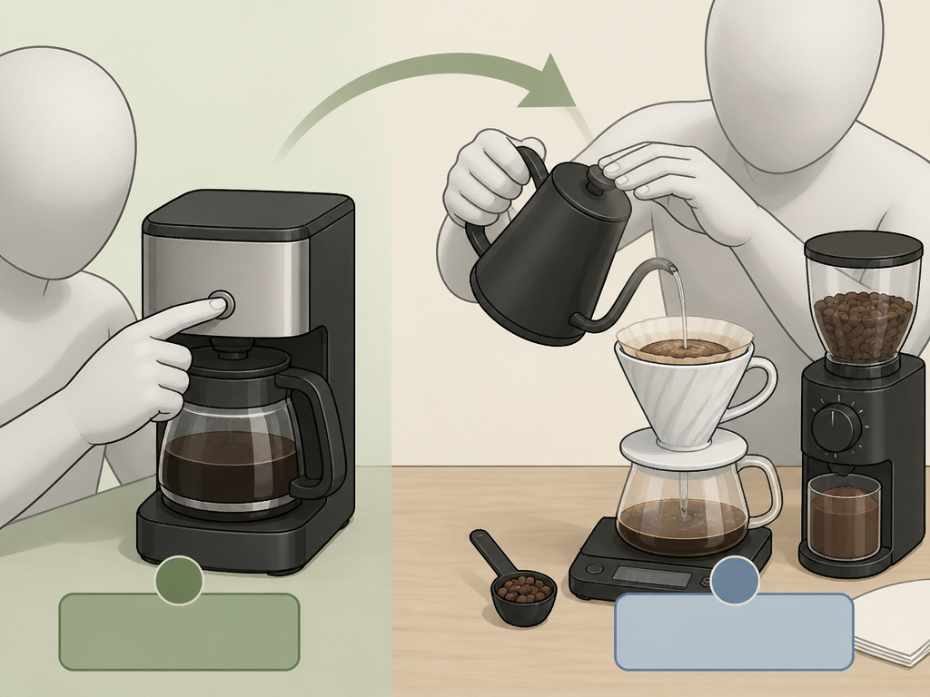 Cartoon comparing simple drip coffee maker to complex pour over gear and skill.