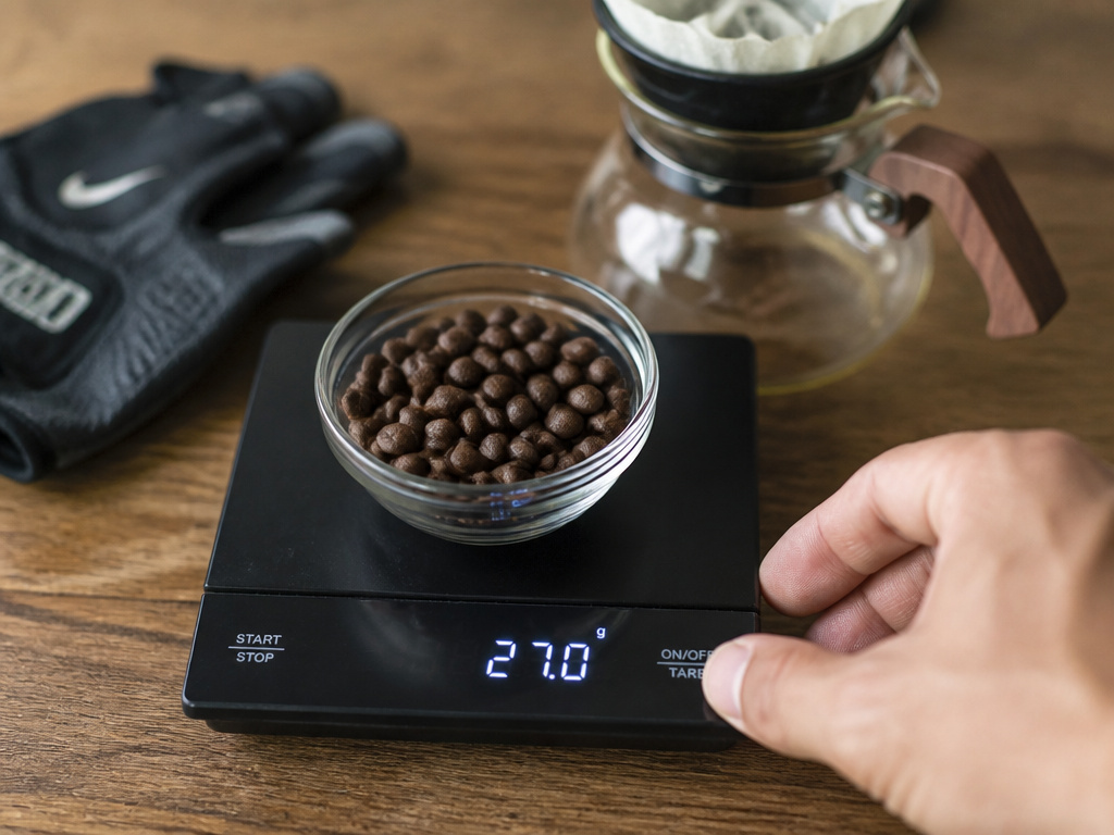 Measuring coffee beans on a scale for a personal pre-workout caffeine protocol.