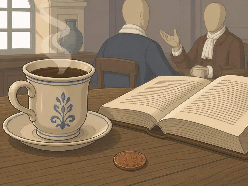 Historical European coffeehouse scene with coffee, a book, and a penny.