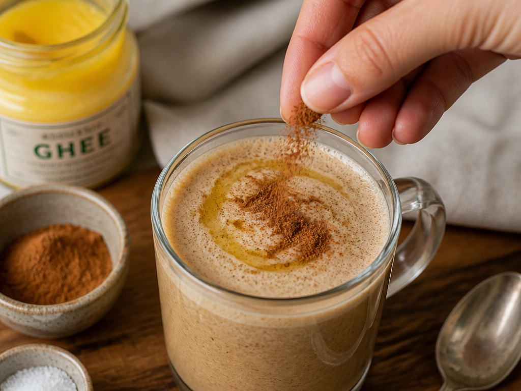 Adding cinnamon and salt to a cup of ghee butter coffee for customization.