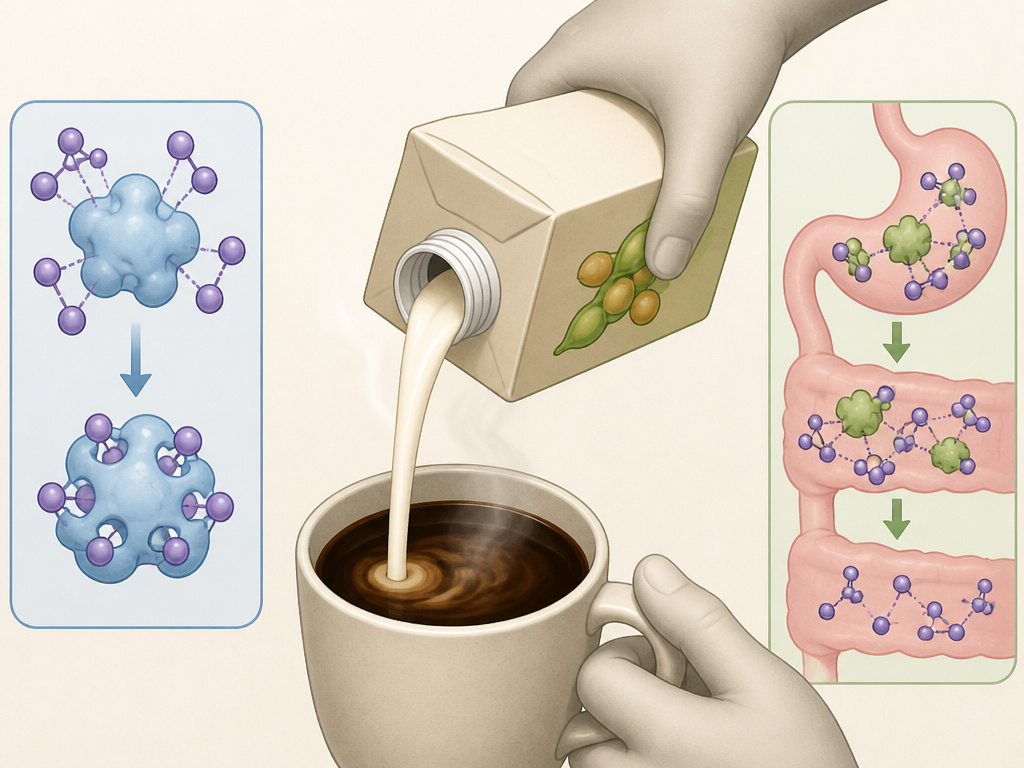 Soy milk versus dairy milk in coffee affecting polyphenol absorption and calories.