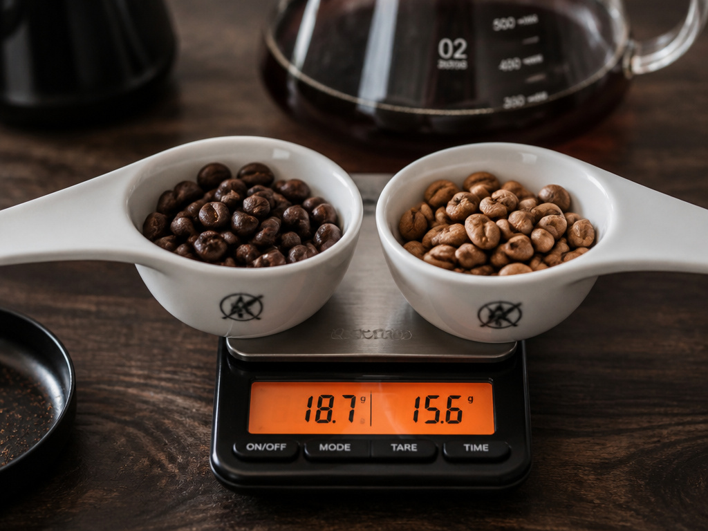 Comparing weight of dark roast vs light roast coffee beans in a scoop.