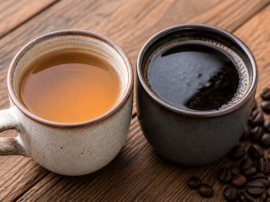 Direct comparison of light roast and dark roast coffee in mugs.