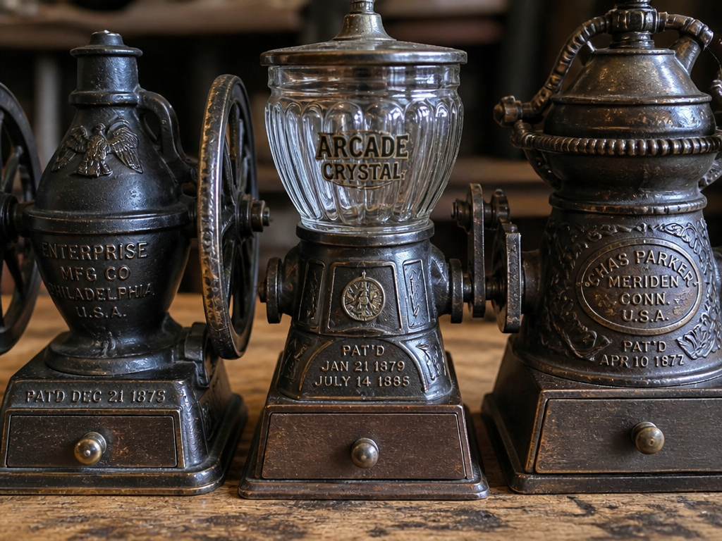 Close-up of antique coffee grinders from Enterprise, Arcade, and Parker manufacturers.
