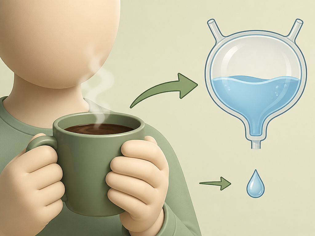 Cartoon infographic showing coffee's net positive contribution to hydration.