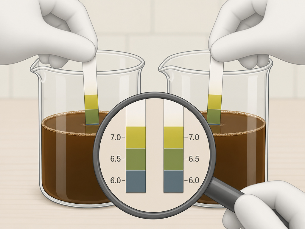 Cartoon comparing pH test strips in hot brew versus cold brew coffee