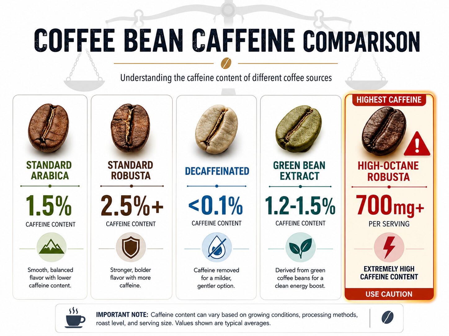 Caffeine percentage comparison chart for different types of coffee beans.