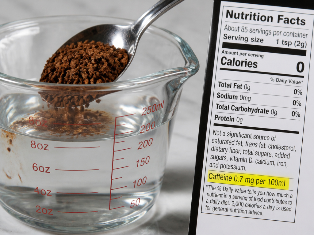 Decaf instant coffee dissolving in water next to USDA caffeine data label.