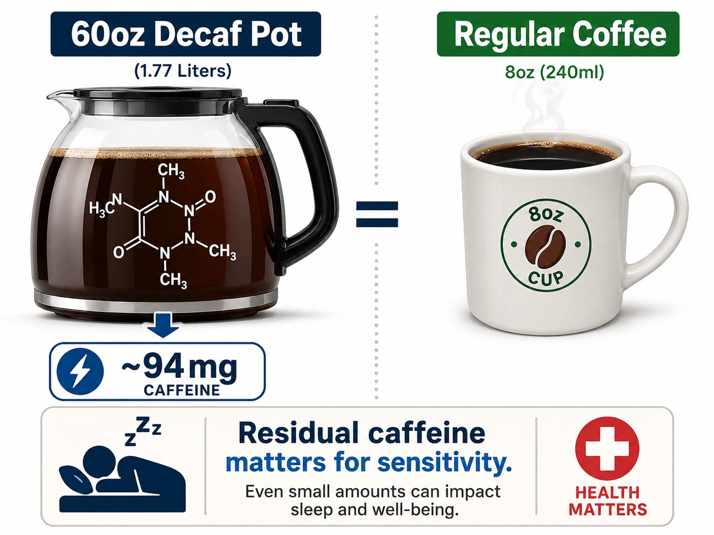 Decaf coffee pot caffeine content compared to a regular cup.