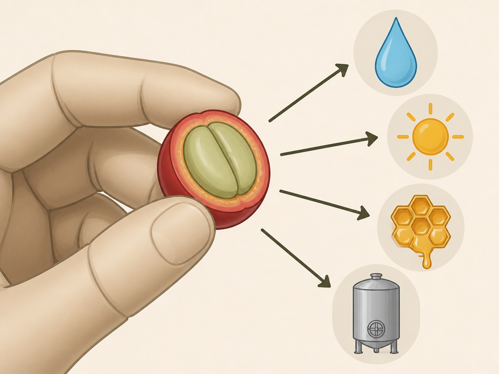 Diagram comparing washed, natural, honey, and anaerobic coffee processing methods.