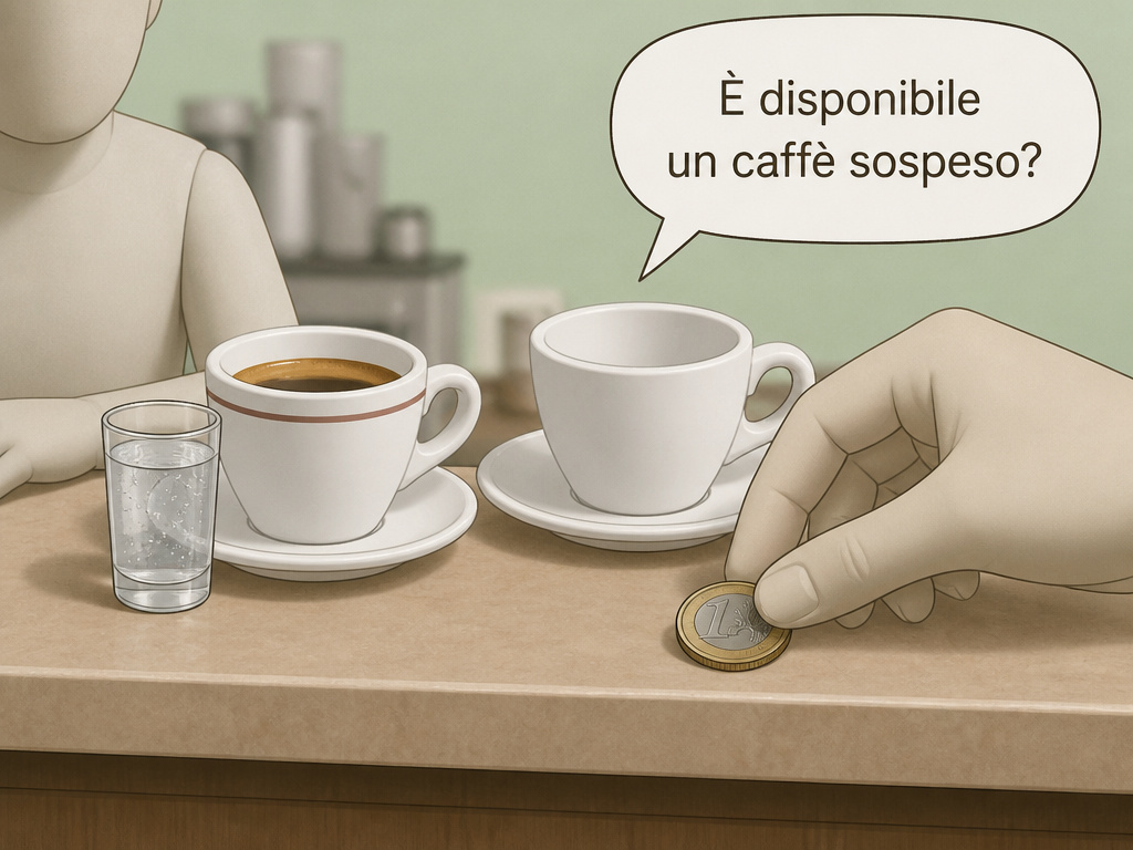 Cartoon of ordering a suspended coffee and acqua con gas in an Italian bar.