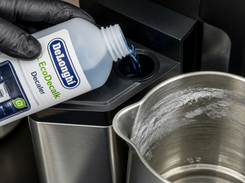 Pouring descaling solution into a stainless steel coffee machine reservoir.