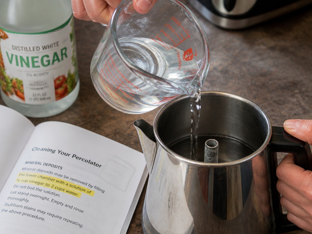 Descaling a coffee percolator with vinegar according to the manual instructions.