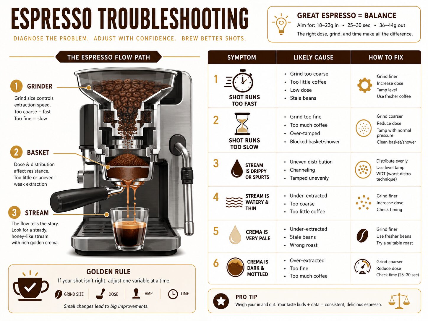 Infographic diagnosing espresso shot problems by sight and taste for home baristas