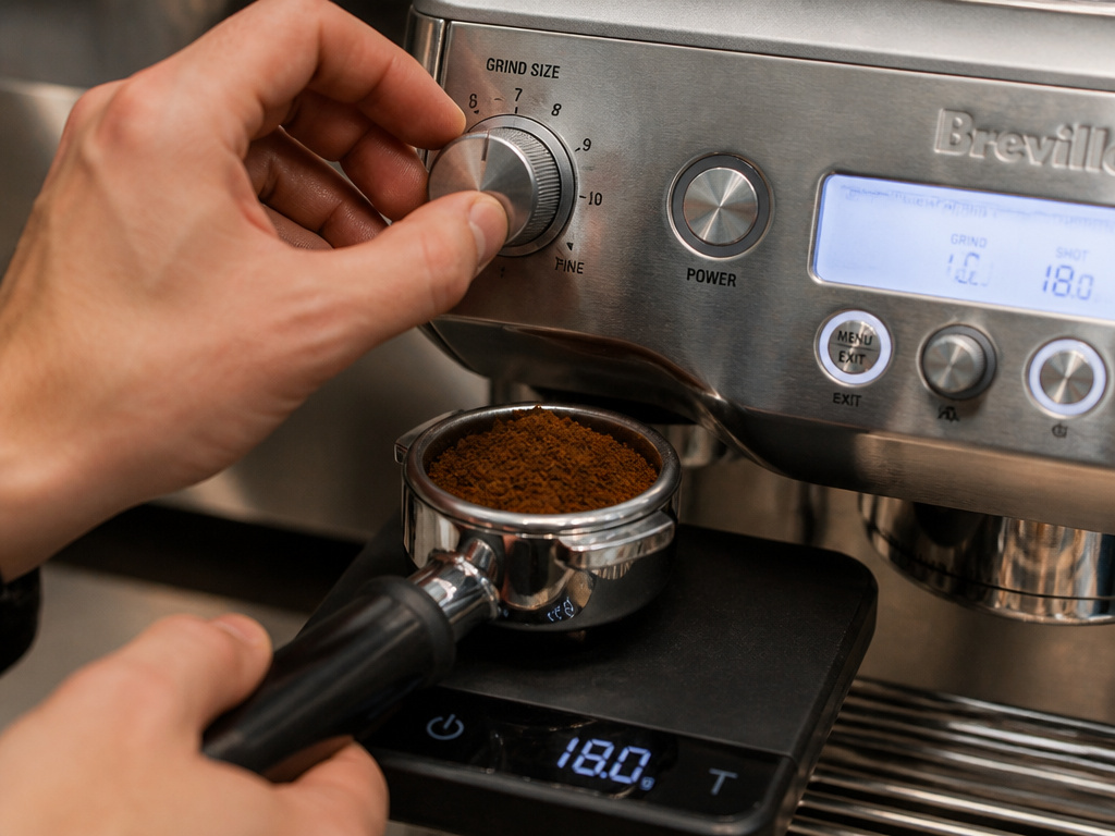 Barista adjusting grind size dial on a Breville coffee machine