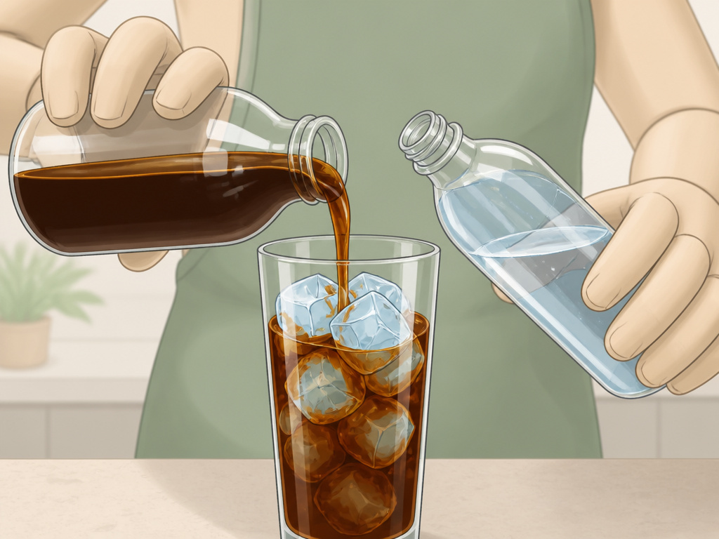 Hands diluting cold brew coffee concentrate with water over ice in a glass.