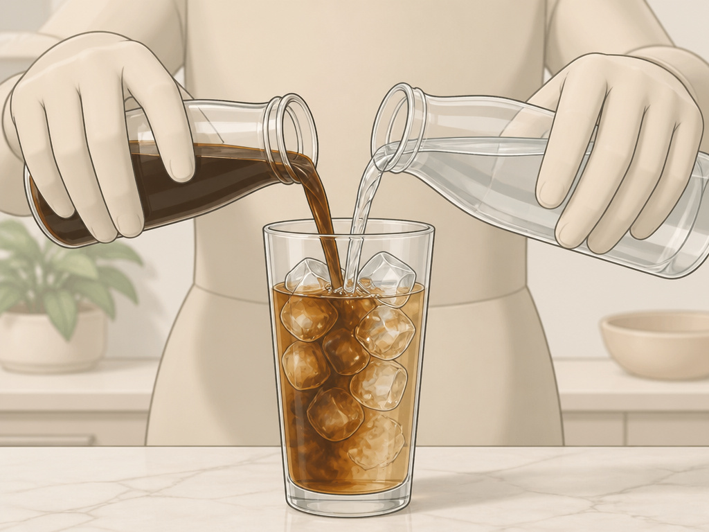 Hands diluting coffee concentrate with water over ice in a glass.