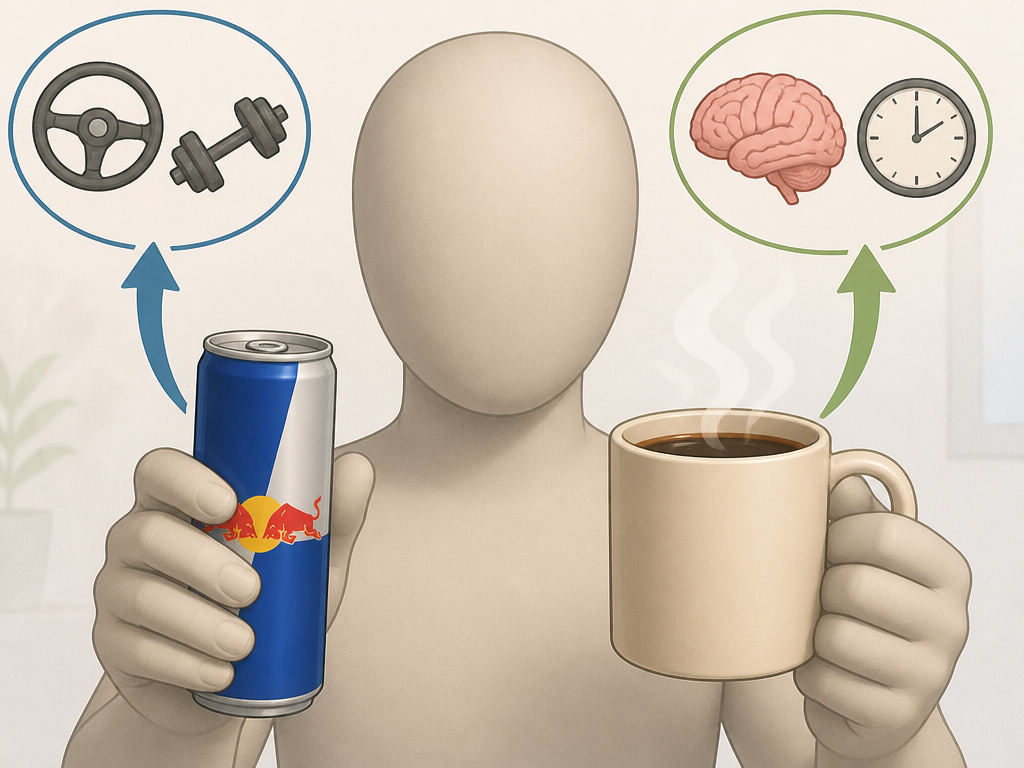 Red Bull versus coffee use cases shown with icons for driving, exercise, and focus.